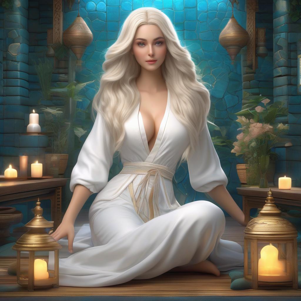  The fop of a relaxed beautiful with blue eyes lies on her stomach during a SPA mage, her head rests on her folded hands cherevre: 1.9, looks at us, surreal futoristic woman with white long hair looks at us beautiful futoristic decoration looks at us, well drawn hands, hyperrealistic, full body, detailed clothing, highly detailed, cinematic lighting, stunningly beautiful, intricate, sharp focus, f/1. 8, 85mm, (centered image composition), (professionally color graded), ((bright soft diffused light)), volumetric fog, trending on instagram, trending on tumblr, HDR 4K, 8K