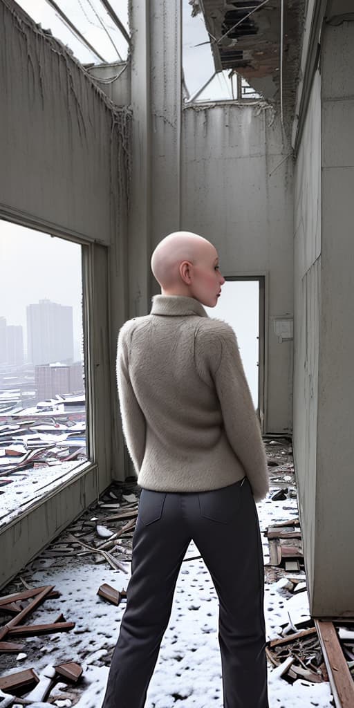  bald-girl, in winter clothes, with her back down, pants down, in an abandoned building, winter