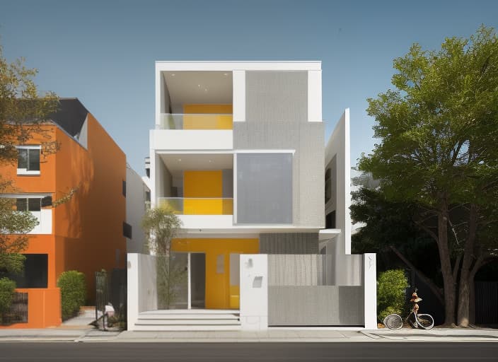  In this detailed art prompt, we envision a stunning modern house captured in a street view perspective. The architecture is sleek and contemporary, with clean lines and geometric shapes that exude a sense of sophistication and minimalism. The color palette is bright and inviting, with hues of warm yellow, orange, and red that create a cheerful and welcoming atmosphere. The daylight is rendered with beautiful brightness, casting a soft and diffused glow that illuminates every corner of the house, highlighting its intricate details and textures. The overall effect is a cinematic and immersive experience that transports the viewer to a vibrant and lively urban landscape.