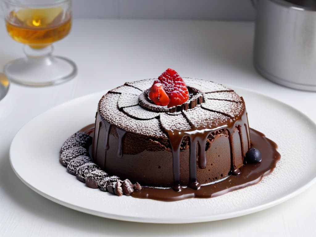  A closeup, photorealistic image of a decadent chocolate lava cake being cut open with a molten center oozing out onto a pristine white plate, showcasing the innovative and surprising texture contrasts in modern dessert creations. The rich, glossy chocolate sauce cascades over the perfectly crusted cake, with steam rising delicately from the warm, inviting dessert, creating a visually striking and appetizing scene that captures the essence of innovative dessert textures. hyperrealistic, full body, detailed clothing, highly detailed, cinematic lighting, stunningly beautiful, intricate, sharp focus, f/1. 8, 85mm, (centered image composition), (professionally color graded), ((bright soft diffused light)), volumetric fog, trending on instagram, trending on tumblr, HDR 4K, 8K