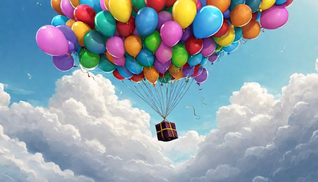  digital illustration, A bundle of balloons in the shape of weights lifting into the sky, symbolizing challenges turning into gifts, lightness in burden, uplifting spirits, redefined obstacles, looking at viewer, dynamic pose, (intricate details, masterpiece, best quality)