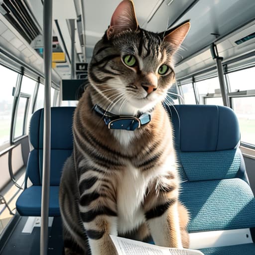  Realistic image of a cat wearing headphones and reading glasses while riding a bus. hyperrealistic, full body, detailed clothing, highly detailed, cinematic lighting, stunningly beautiful, intricate, sharp focus, f/1. 8, 85mm, (centered image composition), (professionally color graded), ((bright soft diffused light)), volumetric fog, trending on instagram, trending on tumblr, HDR 4K, 8K