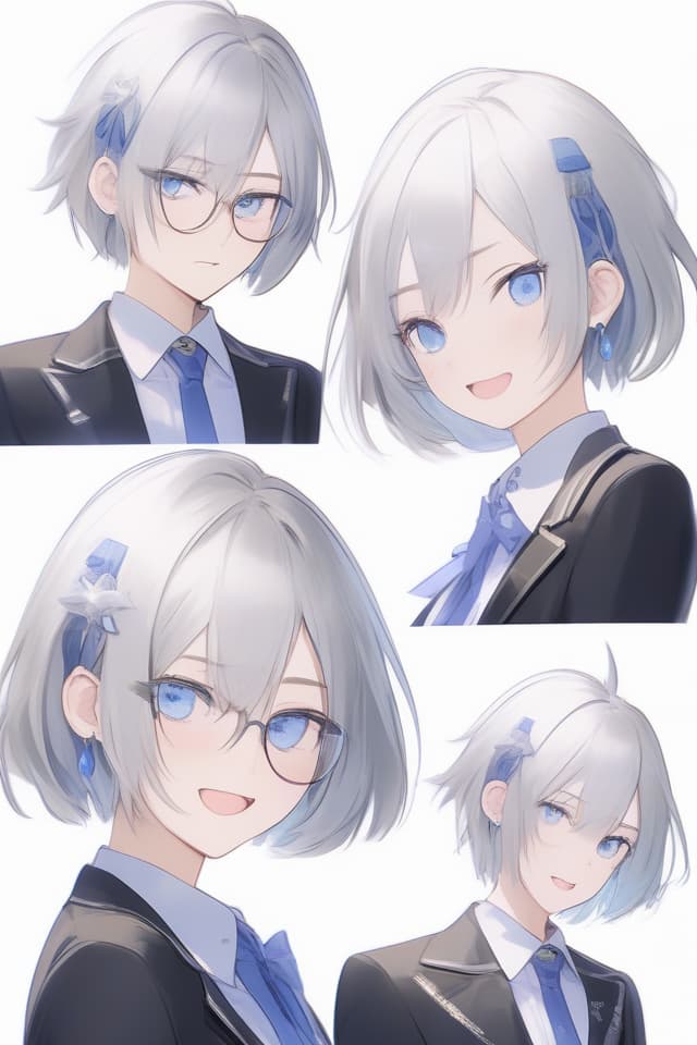  Silver hair,short hair,blue eyes,cool,handsome girl,beautiful,squinting eyes,refreshing,beautiful girl,fleeting,blazer clothes,boyish、(absurd detailed:1.4、best quality:1.4、masterpiece:1.4)、