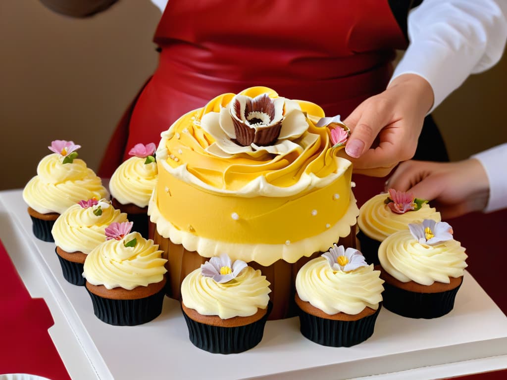  A closeup, ultradetailed image of a group of diverse hands engaged in the intricate process of decorating colorful cupcakes with precision and creativity. Each hand is meticulously positioned, showcasing various skin tones and nail colors, emphasizing collaboration and teamwork. The cupcakes are adorned with delicate fondant flowers, shimmering sprinkles, and intricate piping details, creating a visually stunning and inspiring scene of group baking artistry. hyperrealistic, full body, detailed clothing, highly detailed, cinematic lighting, stunningly beautiful, intricate, sharp focus, f/1. 8, 85mm, (centered image composition), (professionally color graded), ((bright soft diffused light)), volumetric fog, trending on instagram, trending on tumblr, HDR 4K, 8K