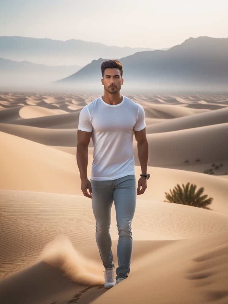  Half body portrait,Young Asian Male Tourist wear solid white casual short sleeve t shirt, standing in desert, cinematic lighting, stunningly beautiful, intricate, sharp focus, f/1. 8, 85mm, (professionally color graded), ((bright soft diffused light)), volumetric fog, trending on instagram, trending on tumblr, HDR 4K, 8K hyperrealistic, full body, detailed clothing, highly detailed, cinematic lighting, stunningly beautiful, intricate, sharp focus, f/1. 8, 85mm, (centered image composition), (professionally color graded), ((bright soft diffused light)), volumetric fog, trending on instagram, trending on tumblr, HDR 4K, 8K