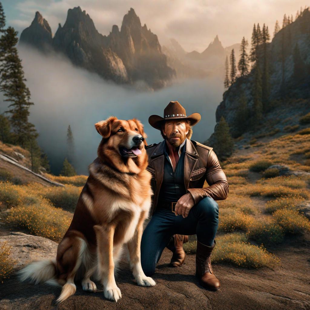  chuck norris and dog wif hat. Note: Context is funny, sarcastic meme related to crypto. hyperrealistic, full body, detailed clothing, highly detailed, cinematic lighting, stunningly beautiful, intricate, sharp focus, f/1. 8, 85mm, (centered image composition), (professionally color graded), ((bright soft diffused light)), volumetric fog, trending on instagram, trending on tumblr, HDR 4K, 8K