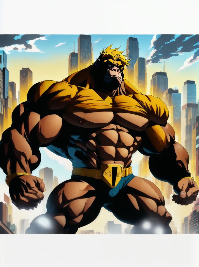  , anime-style illustration of a gorilla with extreme muscular development, in a dynamic pose that captures a 'roid rage'.,RAGE,menacing<lora:chad97qi:0.07655424501345531><lora:yellow-family:0.25172963598036135><lora:octoghibli:0.8723620831649697><lora:ae-t-pagepal:0.23817375049702716> hyperrealistic, full body, detailed clothing, highly detailed, cinematic lighting, stunningly beautiful, intricate, sharp focus, f/1. 8, 85mm, (centered image composition), (professionally color graded), ((bright soft diffused light)), volumetric fog, trending on instagram, trending on tumblr, HDR 4K, 8K