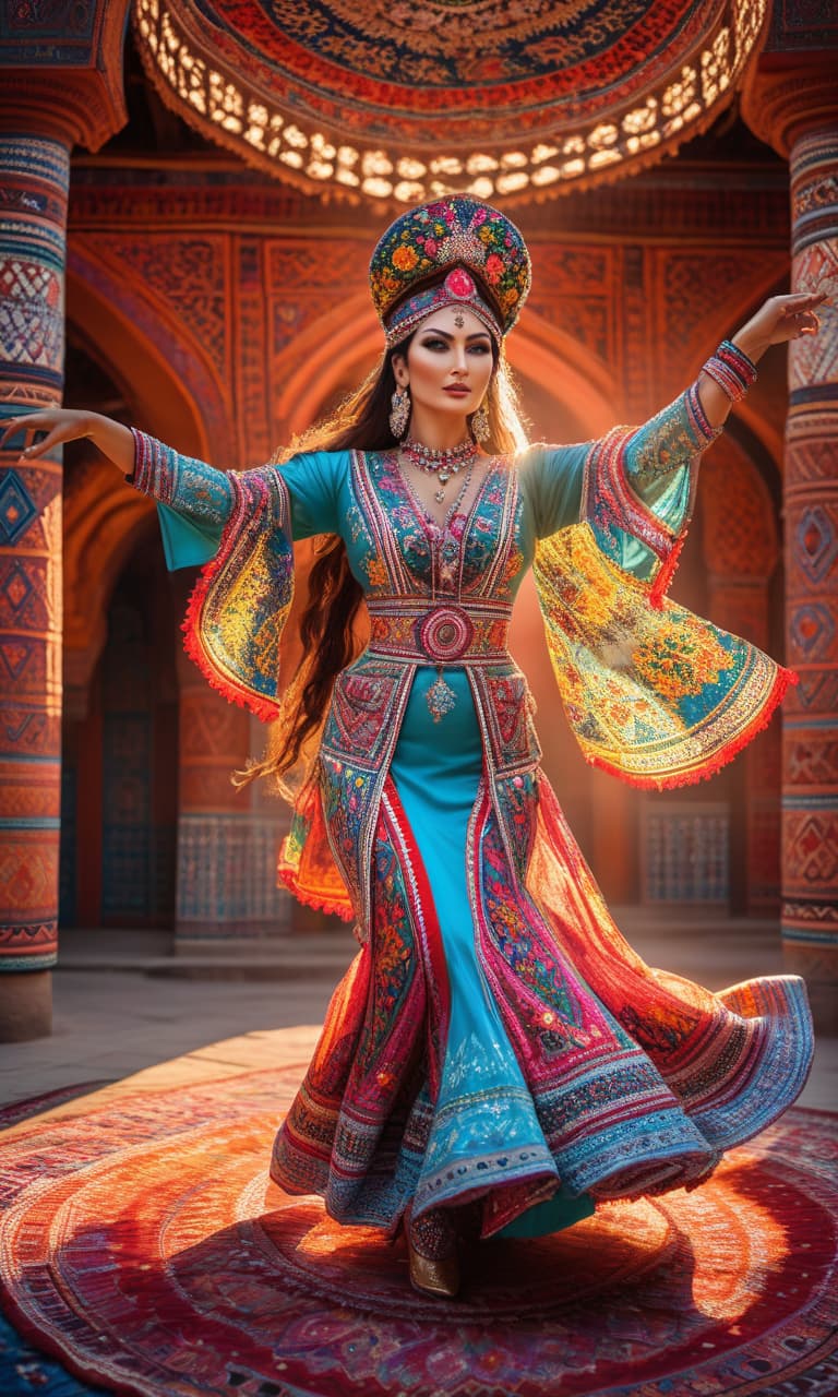  psychedelic style A woman in Uzbek national costume is dancing a Uzbek national dance. . vibrant colors, swirling patterns, abstract forms, surreal, trippy hyperrealistic, full body, detailed clothing, highly detailed, cinematic lighting, stunningly beautiful, intricate, sharp focus, f/1. 8, 85mm, (centered image composition), (professionally color graded), ((bright soft diffused light)), volumetric fog, trending on instagram, trending on tumblr, HDR 4K, 8K