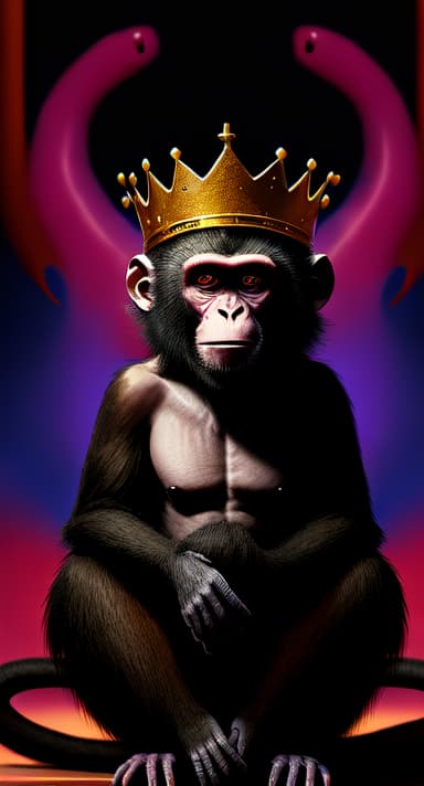  In a twisted dreamscape, a monkey dons a crown of self-deprecation, challenging the norms of society with raw and rebellious energy