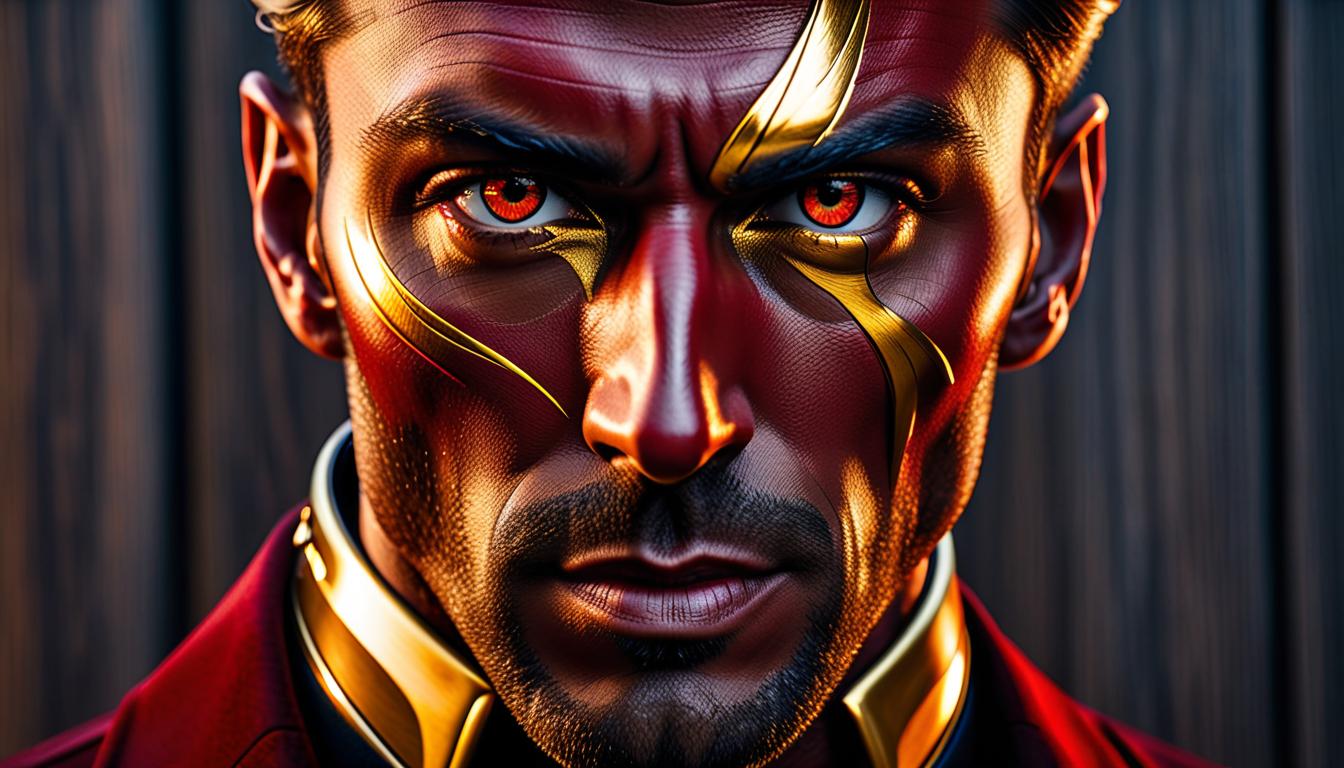  Fashion editorial style Close up of dark red wood grained face with gold streaks, in the style of photography, in the style of cinematic:: wood grained face. yellow eye . High fashion, trendy, stylish, editorial, magazine style, professional, highly detailed hyperrealistic, full body, detailed clothing, highly detailed, cinematic lighting, stunningly beautiful, intricate, sharp focus, f/1. 8, 85mm, (centered image composition), (professionally color graded), ((bright soft diffused light)), volumetric fog, trending on instagram, trending on tumblr, HDR 4K, 8K