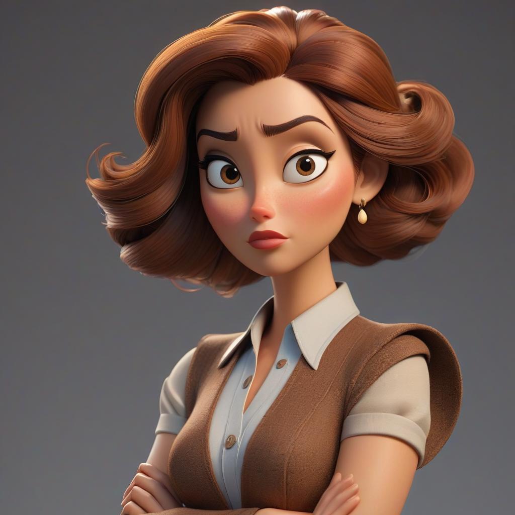  professional 3d model Draw a woman in the Pixar style: she is quite contemplative. Her hair is straight and brown. She has sharp facial features. . octane render, highly detailed, volumetric, dramatic lighting hyperrealistic, full body, detailed clothing, highly detailed, cinematic lighting, stunningly beautiful, intricate, sharp focus, f/1. 8, 85mm, (centered image composition), (professionally color graded), ((bright soft diffused light)), volumetric fog, trending on instagram, trending on tumblr, HDR 4K, 8K