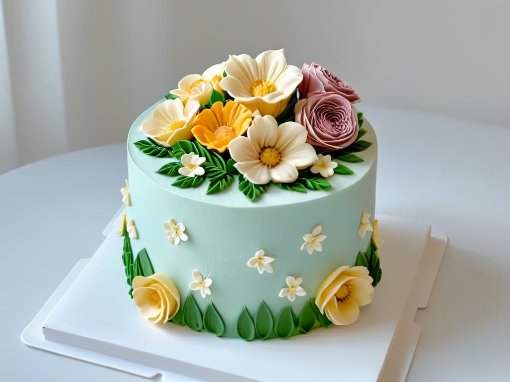  A minimalist, ultradetailed image of a delicate, intricately piped buttercream flower bouquet atop a flawlessly smooth fondant cake. Each petal and leaf is meticulously crafted, showcasing the precision and artistry of advanced pastry decoration techniques. The color palette is soft and elegant, with pastel hues blending seamlessly to create a harmonious and visually stunning composition. The image exudes sophistication and craftsmanship, serving as a visual inspiration for elevating gourmet pastry creations. hyperrealistic, full body, detailed clothing, highly detailed, cinematic lighting, stunningly beautiful, intricate, sharp focus, f/1. 8, 85mm, (centered image composition), (professionally color graded), ((bright soft diffused light)), volumetric fog, trending on instagram, trending on tumblr, HDR 4K, 8K