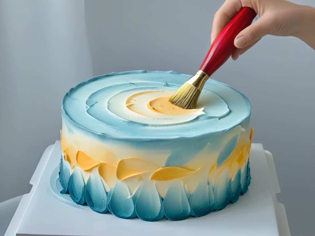  A closeup, ultradetailed image of a delicate pastry brush delicately applying shimmering gold edible paint onto a perfectly frosted cake, showcasing intricate brush strokes and the subtle reflection of light on the metallic paint. hyperrealistic, full body, detailed clothing, highly detailed, cinematic lighting, stunningly beautiful, intricate, sharp focus, f/1. 8, 85mm, (centered image composition), (professionally color graded), ((bright soft diffused light)), volumetric fog, trending on instagram, trending on tumblr, HDR 4K, 8K