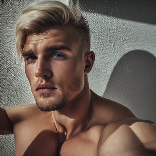 portrait+ style Russian queer fitness model blonde hunk dude face