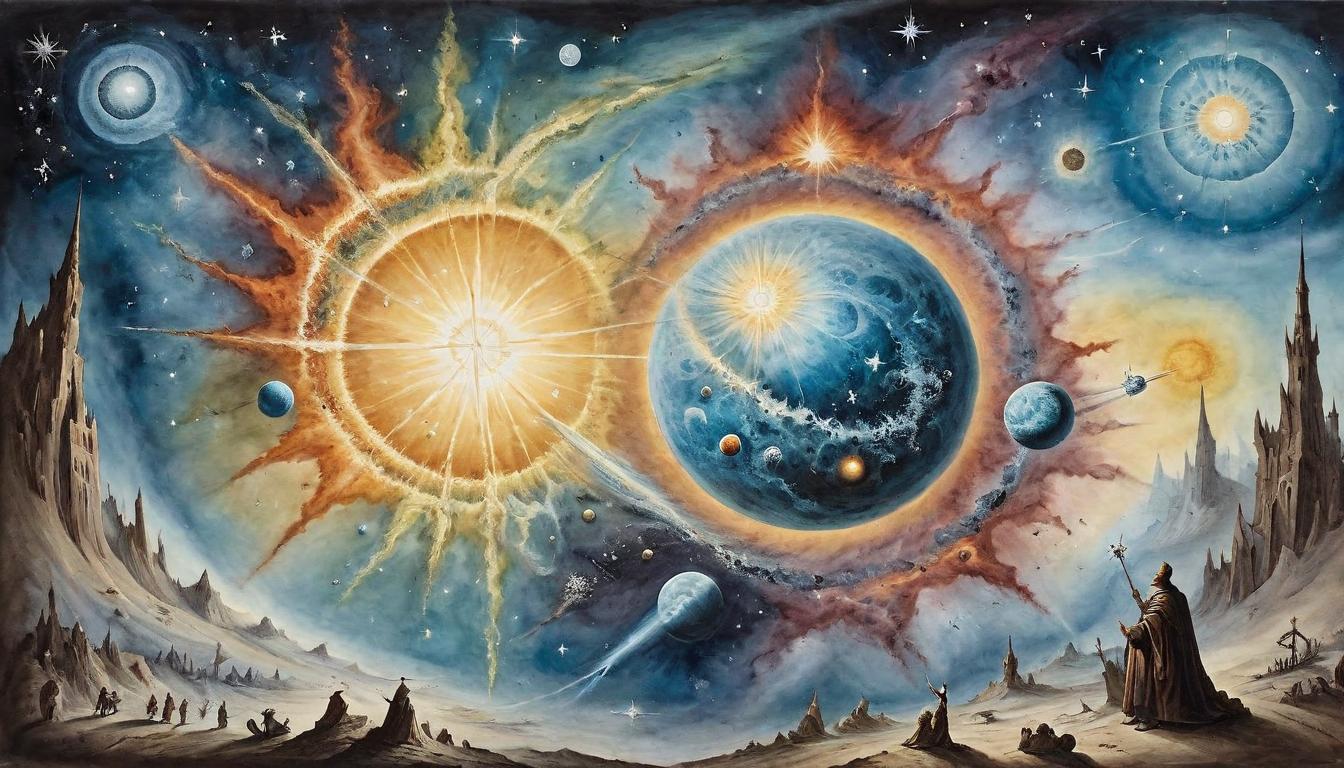  on parchment, surrealism+++, The explosive brilliance of a supernova in the moment of its birth, a spectacle of destruction and creation. Force of renewal, cosmic upheaval, radiant emergence, star’s rebirth(mysterious, provocative, symbolic,muted color)+++