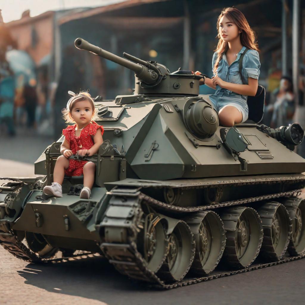  a sits on a stroller in the shape of a tank, a girl in a short walks next to him, cute, hyper detail, full HD hyperrealistic, full body, detailed clothing, highly detailed, cinematic lighting, stunningly beautiful, intricate, sharp focus, f/1. 8, 85mm, (centered image composition), (professionally color graded), ((bright soft diffused light)), volumetric fog, trending on instagram, trending on tumblr, HDR 4K, 8K