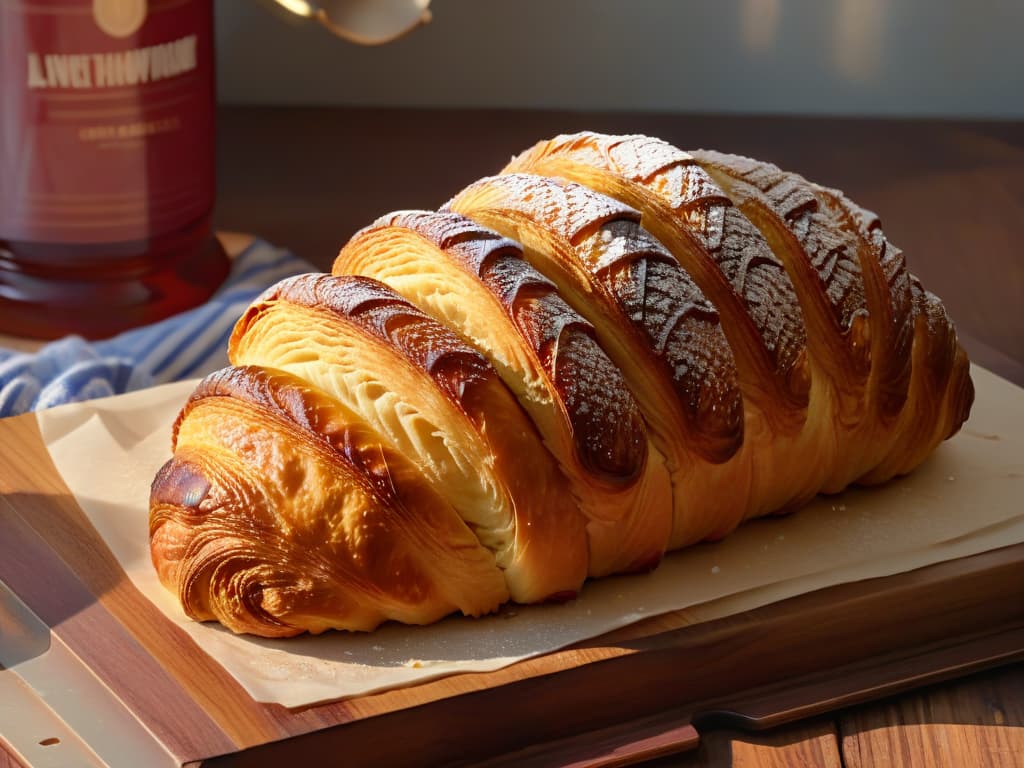  A closeup, ultradetailed image of a perfectly golden croissant fresh out of the oven, glistening with a light glaze, resting on a rustic wooden cutting board. The flaky layers of the croissant are visible, showcasing the expertly baked texture. The lighting is soft, highlighting the buttery sheen of the pastry, with subtle shadows creating depth and dimension. hyperrealistic, full body, detailed clothing, highly detailed, cinematic lighting, stunningly beautiful, intricate, sharp focus, f/1. 8, 85mm, (centered image composition), (professionally color graded), ((bright soft diffused light)), volumetric fog, trending on instagram, trending on tumblr, HDR 4K, 8K