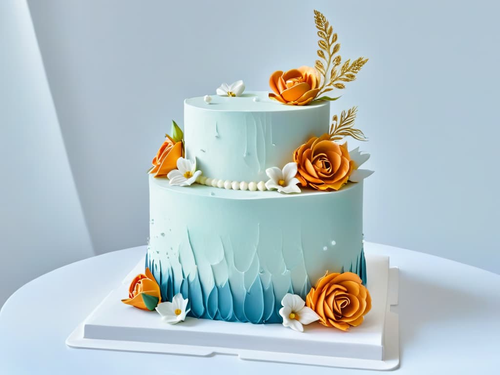  A closeup, ultradetailed image of a beautifully decorated multitiered cake, showcasing intricate piping work, delicate sugar flowers, and shimmering metallic accents. The cake is displayed on a sleek, white marble surface, with soft, diffused lighting highlighting every exquisite detail. hyperrealistic, full body, detailed clothing, highly detailed, cinematic lighting, stunningly beautiful, intricate, sharp focus, f/1. 8, 85mm, (centered image composition), (professionally color graded), ((bright soft diffused light)), volumetric fog, trending on instagram, trending on tumblr, HDR 4K, 8K