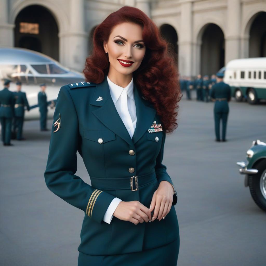  A woman in an Air Force uniform is waiting for her boyfriend, she is about 20 year, elegant, smart, smiles ly, magnificent s, tall, long legged, She has lush dark red long curly hair, fresh and emphasizing the beauty of the defiant makeup and emerald eyes. From under the frivolously unoned soviet uniform dark blue with silver hardware, large open neckline, with epaulettes of lieutenant, tunic, a beautiful and expensive red black satin corset with lace trim, from under the short dark blue uniform can be seen red garters and black fishnet highly visible stockings with red lace, on her feet elegant red high heeled shoes. A behind her and outside the airfield is parked a clic Soviet car of  hyperrealistic, full body, detailed clothing, highly detailed, cinematic lighting, stunningly beautiful, intricate, sharp focus, f/1. 8, 85mm, (centered image composition), (professionally color graded), ((bright soft diffused light)), volumetric fog, trending on instagram, trending on tumblr, HDR 4K, 8K