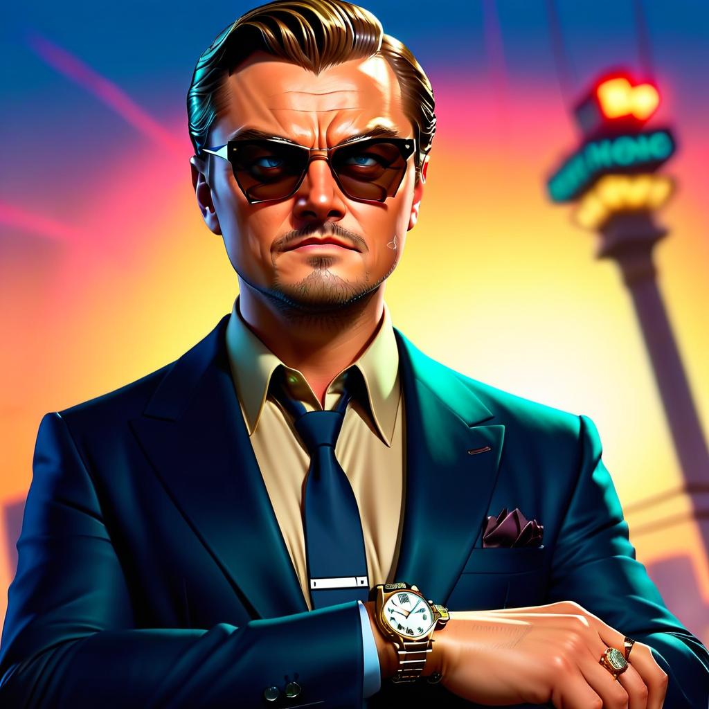  GTA style artwork Leonardo DiCaprio as a broker. Tall, suit. Daring, wealthy, swindler, expensive watches on wrist, antique phone tube in hands, sinister look, like a game character. Standing fully, background gradient, illumination. In 3D style, GTA5. . satirical, exaggerated, pop art style, vibrant colors, iconic characters, action packed hyperrealistic, full body, detailed clothing, highly detailed, cinematic lighting, stunningly beautiful, intricate, sharp focus, f/1. 8, 85mm, (centered image composition), (professionally color graded), ((bright soft diffused light)), volumetric fog, trending on instagram, trending on tumblr, HDR 4K, 8K