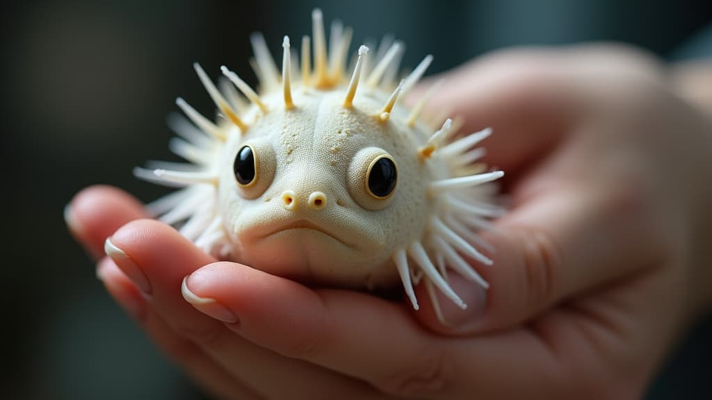  good quality, high quality, close up of a pufferfish in a human hand