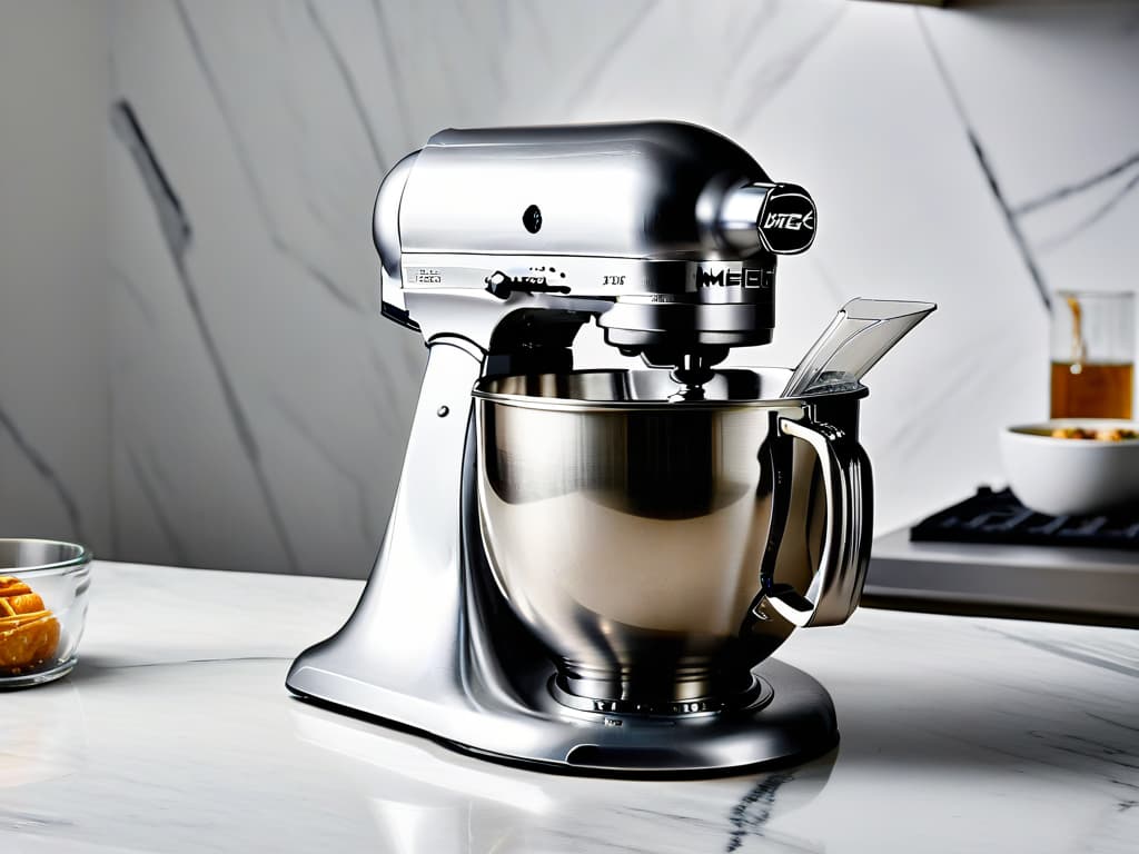  A detailed closeup image of a sleek, modern stand mixer with a shiny stainless steel finish, showing the various speed settings and attachments neatly lined up next to it on a marble countertop. hyperrealistic, full body, detailed clothing, highly detailed, cinematic lighting, stunningly beautiful, intricate, sharp focus, f/1. 8, 85mm, (centered image composition), (professionally color graded), ((bright soft diffused light)), volumetric fog, trending on instagram, trending on tumblr, HDR 4K, 8K