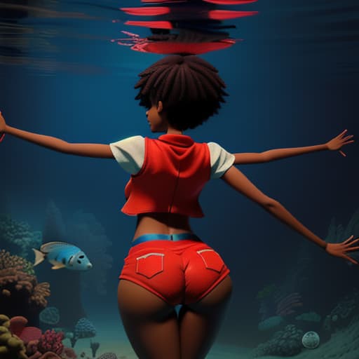  african woman with giant booty and legs and short hair in red vest and blue strings walking underwater she looks up her arms are reach up she shuffles feets intensively view from the back