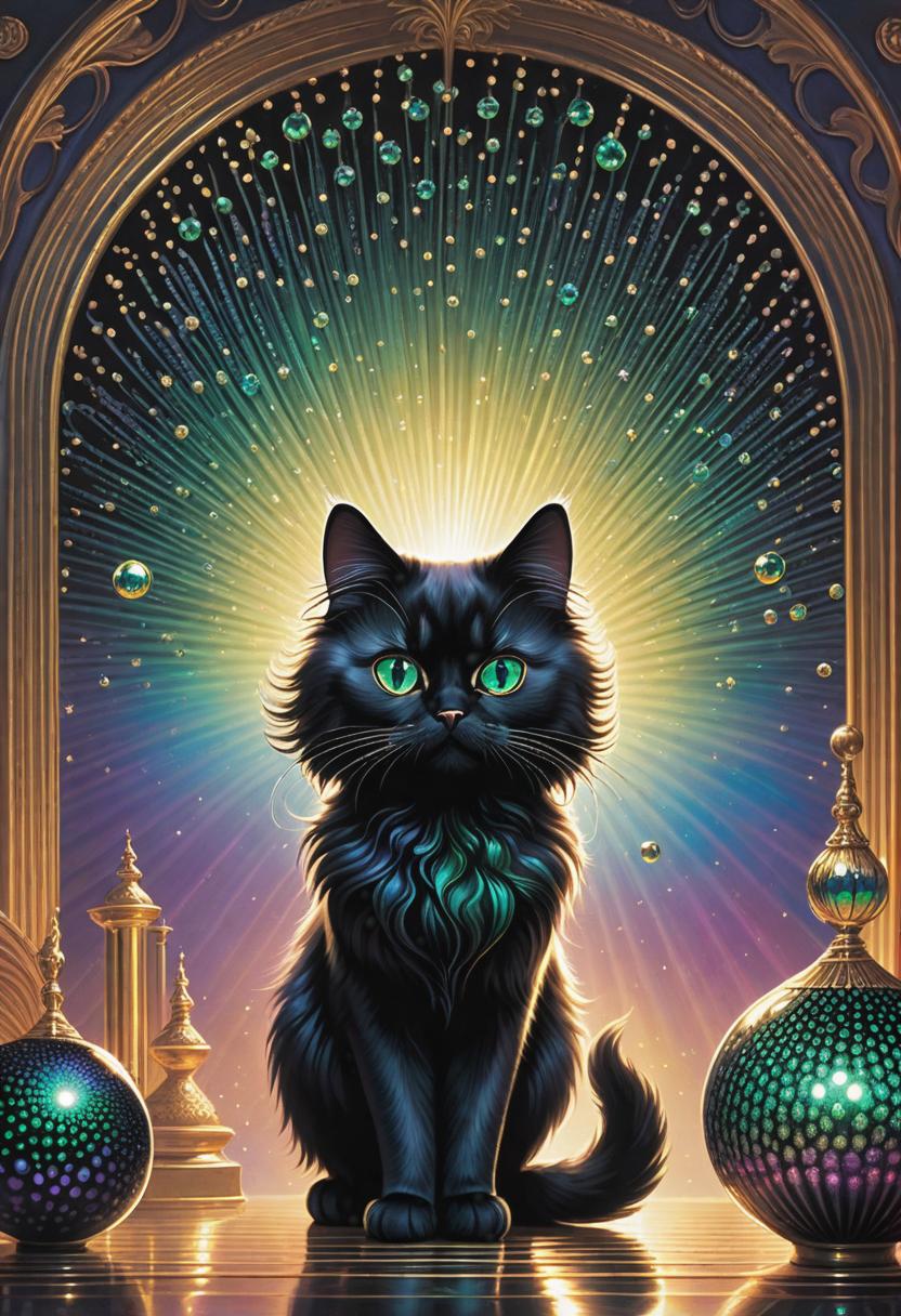  1. A mischievous black cat with mesmerizing emerald eyes, playfully batting at iridescent ferrofluid orbs suspended in mid-air.
2. In a dimly lit room, a regal Persian cat with silvery fur stands elegantly, its hypnotic eyes reflecting a surreal, Ferrofluid-like pattern.
3. A peculiar cat with rainbow-striped fur, resembling a walking work of art, sits proudly amidst a swirling sea of Ferrofluid, its glossy coat gleaming with vibrant colors. hyperrealistic, full body, detailed clothing, highly detailed, cinematic lighting, stunningly beautiful, intricate, sharp focus, f/1. 8, 85mm, (centered image composition), (professionally color graded), ((bright soft diffused light)), volumetric fog, trending on instagram, trending on tumblr, HDR 4K, 8K