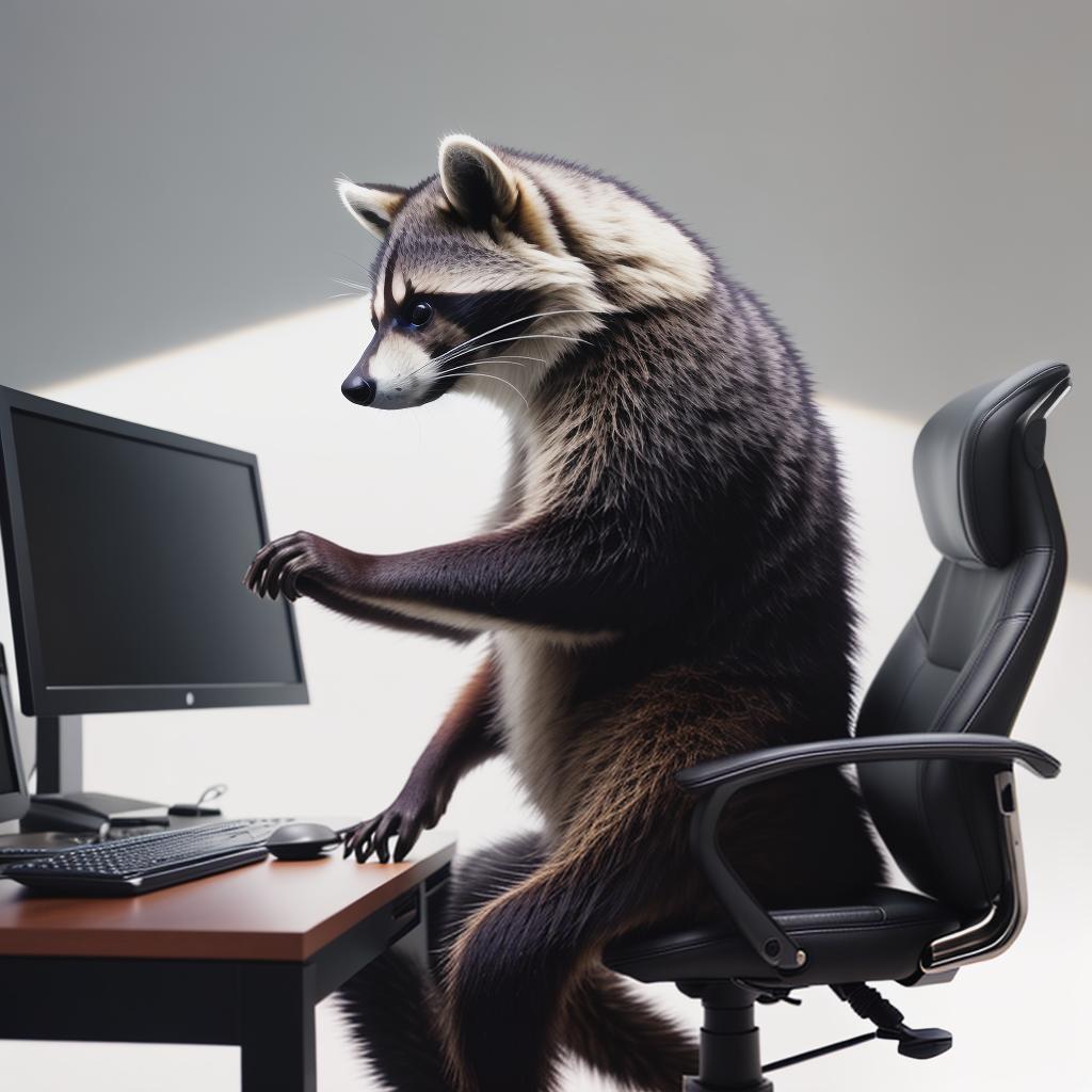  raccoon sitting in gaming chair front a computer on desktop, ((semi anthropomorphic)),(full body), tail, belly, sitting, fat, (chubby), (((white background))), solo, desktop, gaming chair, side view,  [[[clothes]]] hyperrealistic, full body, detailed clothing, highly detailed, cinematic lighting, stunningly beautiful, intricate, sharp focus, f/1. 8, 85mm, (centered image composition), (professionally color graded), ((bright soft diffused light)), volumetric fog, trending on instagram, trending on tumblr, HDR 4K, 8K