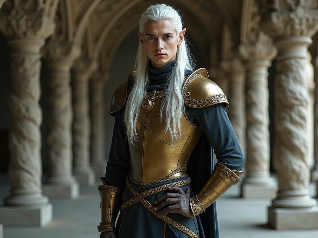  an editorial photography inspired by mario testino features an elf prince in a polished and dramatic style reminiscent of film stills. he stands with his hand on his hip, facing forward, adorned in bronze elvish styled armor, designed in the vein of peter jackson and alan lee. his pointy ears and long platinum hair complement his gray blueish eyes. the setting mimics a fantasy movie still with a backdrop of fractal patterned architecture and furniture, emphasizing intricate, repeating patterns in a modern, minimalist design. the background's intricate blur enhances the stunning, movie like feel of the composition.