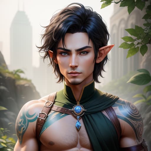  half-elf, male, ranger, short black hair, green eyes, tattoos, toned build, hyperrealistic, high quality, highly detailed, perfect lighting, intricate, sharp focus, f/1. 8, 85mm, (centered image composition), (professionally color graded), ((bright soft diffused light)), trending on instagram, HDR 4K, 8K