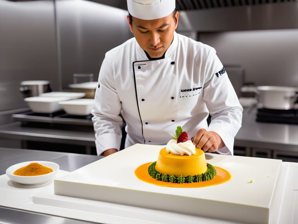  A highresolution, ultradetailed image of a professional pastry chef meticulously using molecular gastronomy techniques to create a visually stunning and innovative dessert. The chef is wearing a crisp white chef's jacket and focused intently on their task, surrounded by sleek, modern kitchen equipment. The dessert itself is a work of art, with intricate layers, textures, and vibrant colors that showcase the fusion of science and culinary artistry in molecular gastronomy. hyperrealistic, full body, detailed clothing, highly detailed, cinematic lighting, stunningly beautiful, intricate, sharp focus, f/1. 8, 85mm, (centered image composition), (professionally color graded), ((bright soft diffused light)), volumetric fog, trending on instagram, trending on tumblr, HDR 4K, 8K