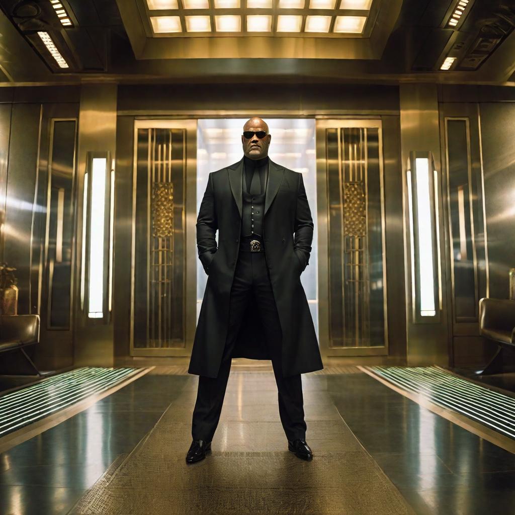  bald Laurence Fishburne as Morpheus standing in an elevator, the matrix hyperrealistic, full body, detailed clothing, highly detailed, cinematic lighting, stunningly beautiful, intricate, sharp focus, f/1. 8, 85mm, (centered image composition), (professionally color graded), ((bright soft diffused light)), volumetric fog, trending on instagram, trending on tumblr, HDR 4K, 8K