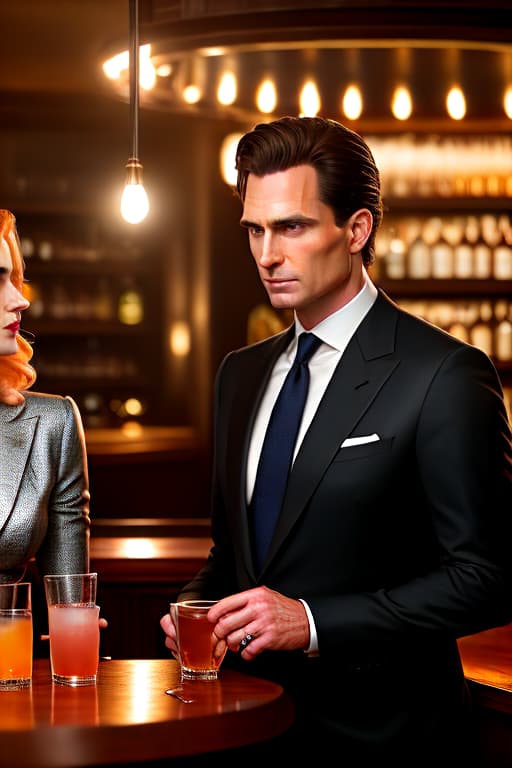  Image Description: Patrick Bateman and companion, in a lively speakeasy-style bar, sipping drinks with friends. hyperrealistic, full body, detailed clothing, highly detailed, cinematic lighting, stunningly beautiful, intricate, sharp focus, f/1. 8, 85mm, (centered image composition), (professionally color graded), ((bright soft diffused light)), volumetric fog, trending on instagram, trending on tumblr, HDR 4K, 8K