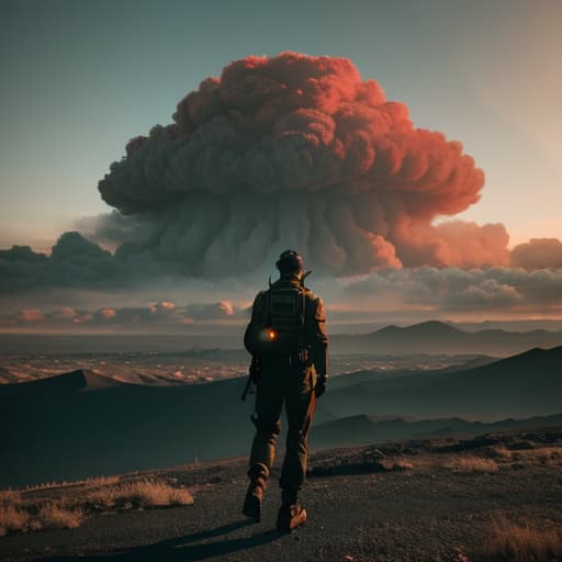  atomic bomb in the distance, dystopian landscape, screaming people with severe burns in the foreground, fotorealisc, 4k resolution, dark landscape, scary humans hyperrealistic, full body, detailed clothing, highly detailed, cinematic lighting, stunningly beautiful, intricate, sharp focus, f/1. 8, 85mm, (centered image composition), (professionally color graded), ((bright soft diffused light)), volumetric fog, trending on instagram, trending on tumblr, HDR 4K, 8K