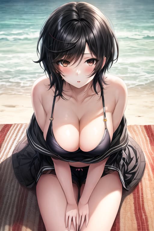  cute anime girl on beach,short black hair,brown eyes,tanga,girl, masterpiece, best quality, extremely detailed background, illustration, beautiful detailed, dramatic light, gorgeous eyes, solo