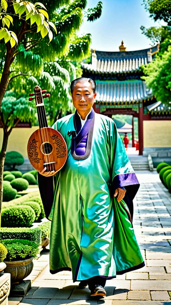  Emperor Lu, (carrying jade lute in hand), strolling to garden, in elaborate royal robe, face serene, middle-aged, Asian, Walking calmly, Lute carried with care, Path leading to lush royal garden, ornate palace visible behind, Ancient China, Bright greens, sky blues, Full-body shot, Natural light, midday sun, by Photographer Ruben Wu Style