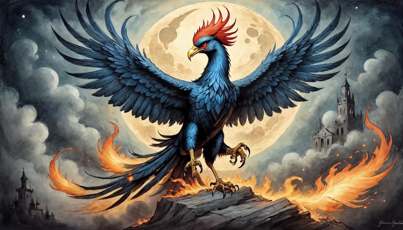  on parchment, surrealism+++, A phoenix rising from ashes under a full moon, renewal amidst adversity, unwavering determination(mysterious, provocative, symbolic,muted color)+++