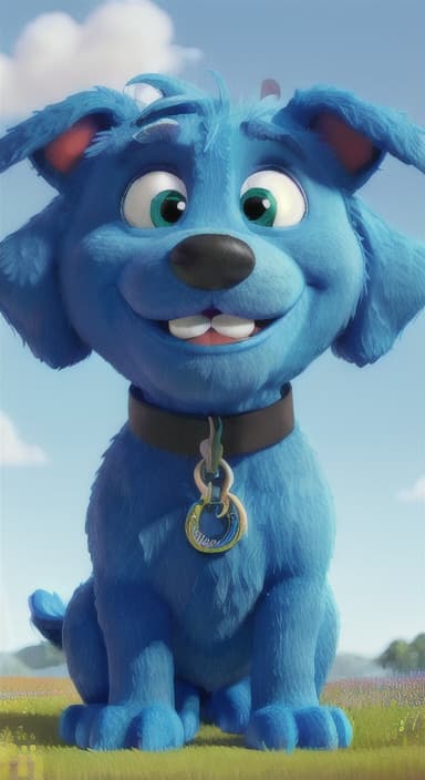  {A happy, big blue dog wagging its tail in a colorful meadow, The big blue dog is large with sky blue fur, big round eyes, a black nose, and floppy ears.