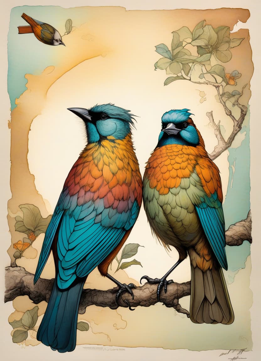  alcohol ink on textured paper, soft textures, dynamic ink lines, washed ink, nuanced colors, vignette, illustration of two birds, ideal composition,whimsical and charming illustration, art by MSchiffer and jean baptiste monge. Detailed, soft colors, pop art hyperrealistic, full body, detailed clothing, highly detailed, cinematic lighting, stunningly beautiful, intricate, sharp focus, f/1. 8, 85mm, (centered image composition), (professionally color graded), ((bright soft diffused light)), volumetric fog, trending on instagram, trending on tumblr, HDR 4K, 8K