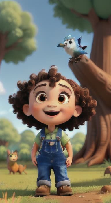  {Riley looking up at the tree with a big smile, animals surrounding them., Riley, a curious with big brown eyes and curly hair, wearing overalls and carrying a small backpack. Their friend, Skye, a bluebird with shiny feathers.