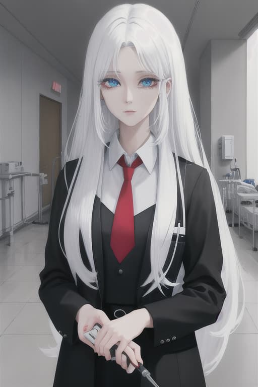  Beautiful girl, white hair, long hair, doctor, hospital, black shirt, red tie, blue eyes, syringe
