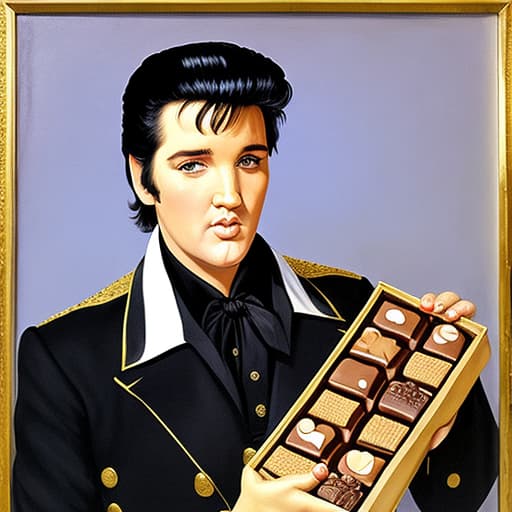  Elvis Presley holding an open box of fine chocolates. Painted in the style of Édouard Manet