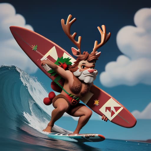  A reindeer superhero, funny, hairy, with a surfboard."