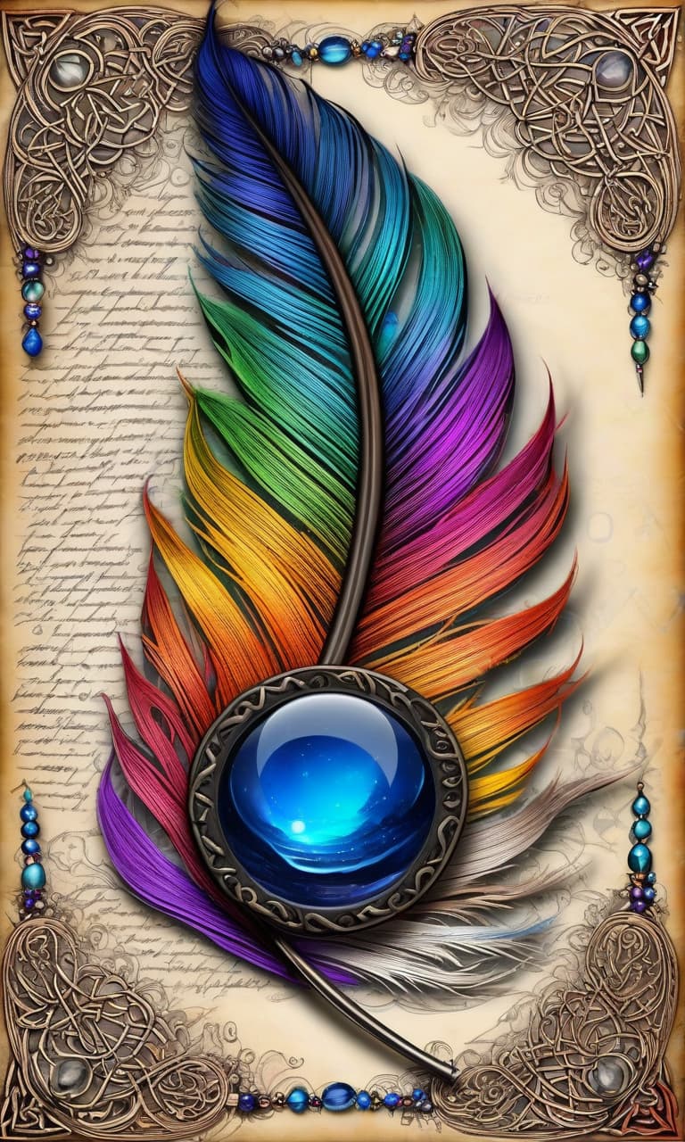  Digital Image. Bird feather for writing and drawing. multicolored:: with fire ornament. Glass inkwell. With intricate zentangle patterns:: Celtic ornaments. Filigree, fancy decoration with gemstones. Background: a sheet of parchment with runic ornament, night, moon, a view of a distant castle on a hill, perspective, thin neon threads of flame color. Intricate abstraction with swirls of dark golden curls in rocaille style. Stylistics: rocaille, surrealist abstraction, zentangle, gothic, plateresco. In the manner of Fragonard, Klimt, Tatiana Suarez, Dürer, William Blake. High quality and detail. HDR. hyperrealistic, full body, detailed clothing, highly detailed, cinematic lighting, stunningly beautiful, intricate, sharp focus, f/1. 8, 85mm, (centered image composition), (professionally color graded), ((bright soft diffused light)), volumetric fog, trending on instagram, trending on tumblr, HDR 4K, 8K