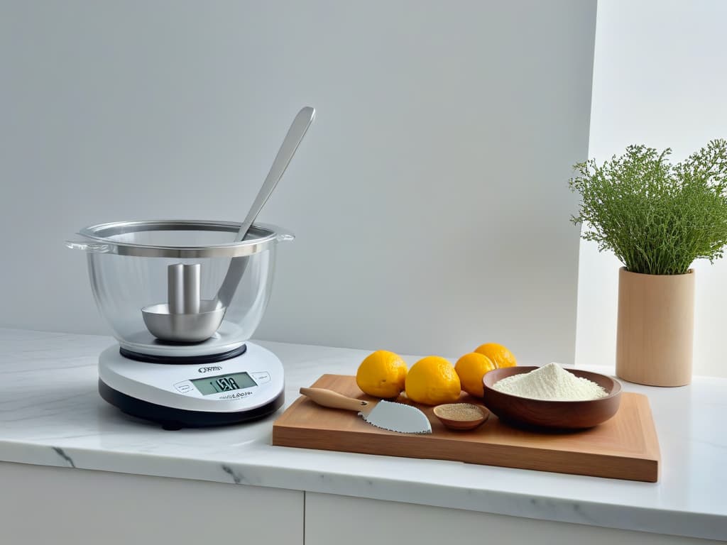  An ultradetailed image of a pristine, white kitchen countertop with an array of sleek, modern baking tools neatly arranged: a digital kitchen scale, a set of stainless steel measuring spoons, a highquality silicone spatula, a professionalgrade piping bag with assorted tips, and an elegant marble rolling pin. Each tool gleams under the soft, natural light filtering in from a nearby window, casting subtle shadows that accentuate their impeccable design and craftsmanship. The minimalist composition emphasizes the precision and attention to detail required in safe baking techniques for various dietary needs, evoking a sense of professionalism and inspiration for pastry professionals navigating the complexities of food allergies. hyperrealistic, full body, detailed clothing, highly detailed, cinematic lighting, stunningly beautiful, intricate, sharp focus, f/1. 8, 85mm, (centered image composition), (professionally color graded), ((bright soft diffused light)), volumetric fog, trending on instagram, trending on tumblr, HDR 4K, 8K