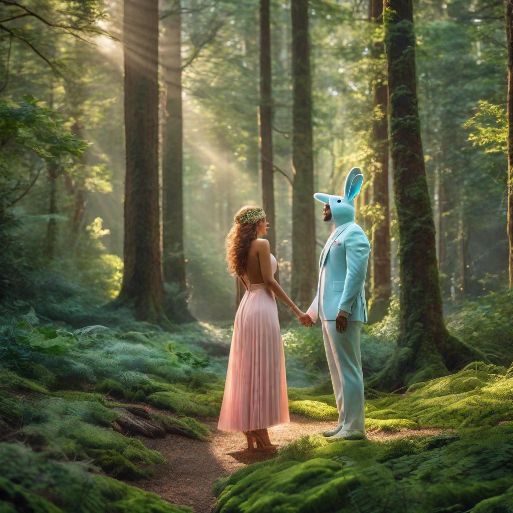  Prompt: In the ilration, portray a radiant and cheerful day in the forest. The central focus should be a young, boy, and a , named Sam and Cara respectively, who are stand-ins for Sara the rabbit. They should look joyous and benign, adorned in pastel-colored clothes; Sam in hues of light blue and Cara in soft pink. Each of them would be having bright eyes filled with excitement and untamable curly hair gently caressed by the forest breeze. The scene should depict them froing around in the lush green wilderness, chasing each other energetically. The environment should be rich with an array of beautiful flora, a crystal clear creek bubbling nearby, and a kaleidoscope of sunlight filtering through the canopy of ta hyperrealistic, full body, detailed clothing, highly detailed, cinematic lighting, stunningly beautiful, intricate, sharp focus, f/1. 8, 85mm, (centered image composition), (professionally color graded), ((bright soft diffused light)), volumetric fog, trending on instagram, trending on tumblr, HDR 4K, 8K