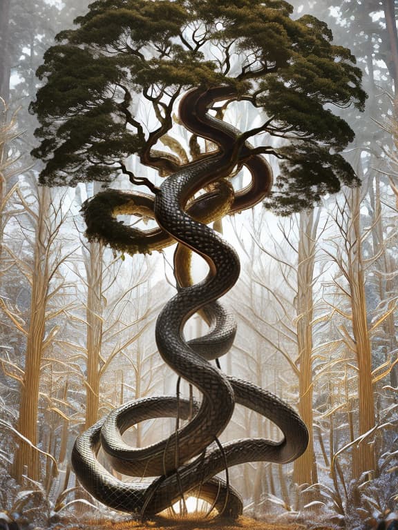  Giant snake coils around tree trunk, head of the snake in tree crown, abstract background, no people, no buildings. hyperrealistic, full body, detailed clothing, highly detailed, cinematic lighting, stunningly beautiful, intricate, sharp focus, f/1. 8, 85mm, (centered image composition), (professionally color graded), ((bright soft diffused light)), volumetric fog, trending on instagram, trending on tumblr, HDR 4K, 8K