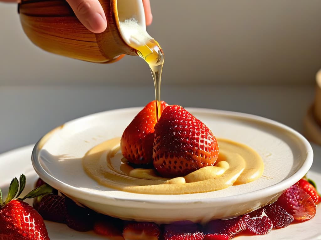  A closeup, ultradetailed image of a honey dipper gently drizzling golden honey over a stack of fresh, ripe strawberries on a sleek, white marble surface. The honey glistens under a soft beam of natural light, highlighting the intricate swirls and textures of the sweet liquid as it cascades down the berries, creating a visually captivating and appetizing scene that exudes freshness and natural sweetness. hyperrealistic, full body, detailed clothing, highly detailed, cinematic lighting, stunningly beautiful, intricate, sharp focus, f/1. 8, 85mm, (centered image composition), (professionally color graded), ((bright soft diffused light)), volumetric fog, trending on instagram, trending on tumblr, HDR 4K, 8K