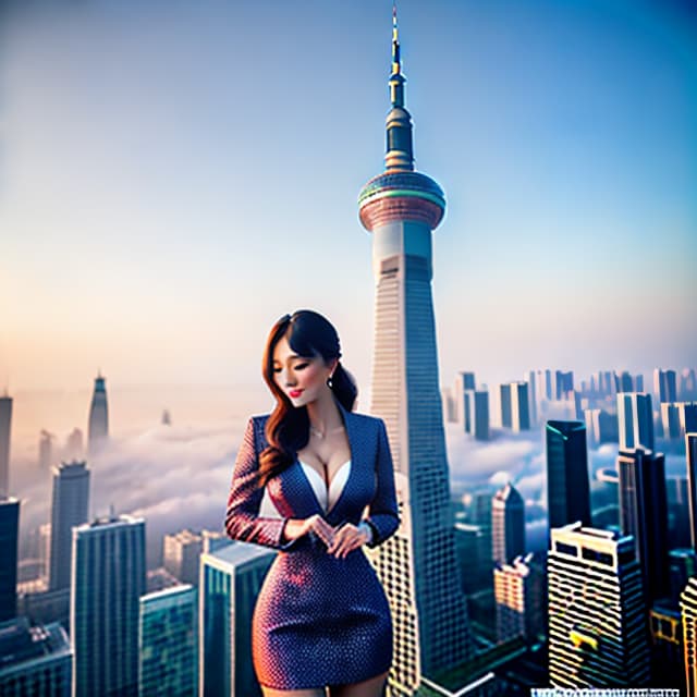  Photos, full -body photos, curious, fluffy hair, salesperson, Oriental Pearl Tower, large buildings, long -distance viewing angle hyperrealistic, full body, detailed clothing, highly detailed, cinematic lighting, stunningly beautiful, intricate, sharp focus, f/1. 8, 85mm, (centered image composition), (professionally color graded), ((bright soft diffused light)), volumetric fog, trending on instagram, trending on tumblr, HDR 4K, 8K